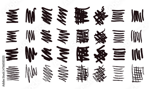 Strikethroughs and scribbles. 32 randomly handwritten squiggles and doodles. Vector set