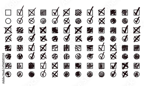 Checkmarks, strikethroughs and crosses in squares. 96 randomly drawn squiggles and doodles. Vector set of voting marks