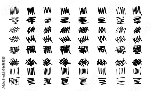 Strikethroughs and scribbles. 64 randomly drawn squiggles and doodles. Vector set of handwritten signs