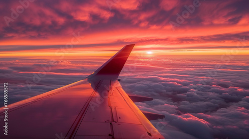 Airplane wing flying plane view at sunset.Generative AI