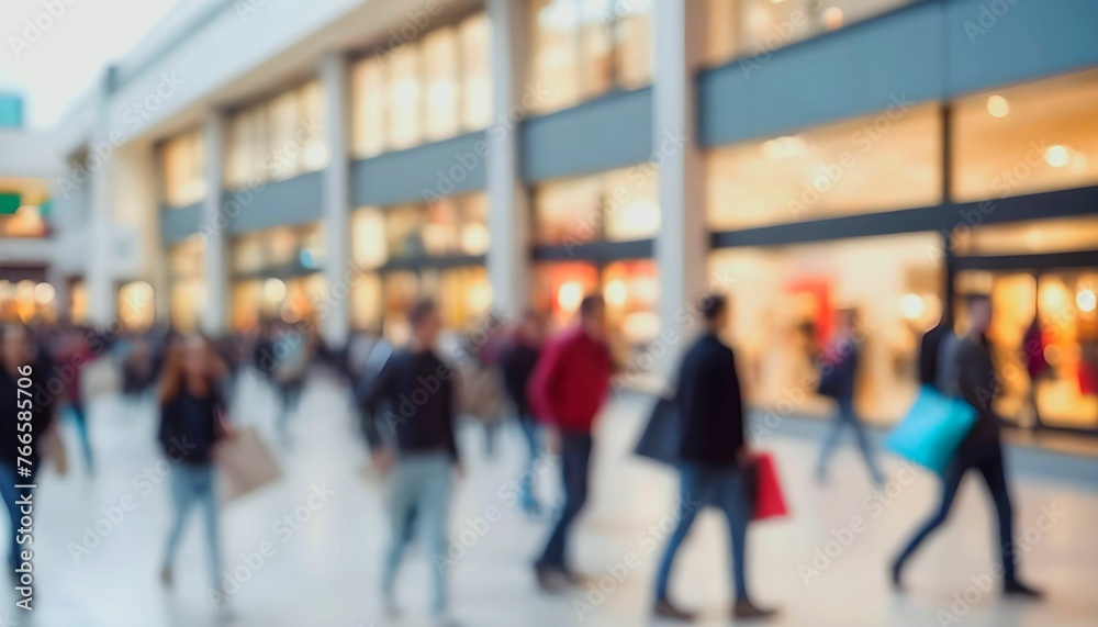 Blurred crowd walking in the street. Blurred background of a modern shopping mall, motion blur. blurred shoppers with shopping bags  created with generative ai