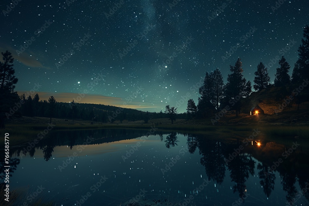 A secluded cabin by a placid lake under a twinkling starry sky, reflecting the calmness of nature and the mystery of the cosmos. A secluded cabin by a placid lake under a twinkling starry sky, reflecting the calmness of nature and the mystery of the cosmos.