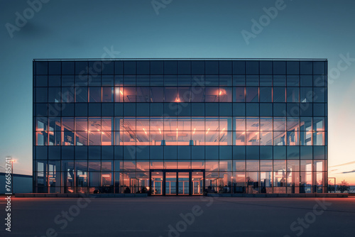 Workforce shrinkage. A vacant office building at twilight, indicating workforce shrinkage