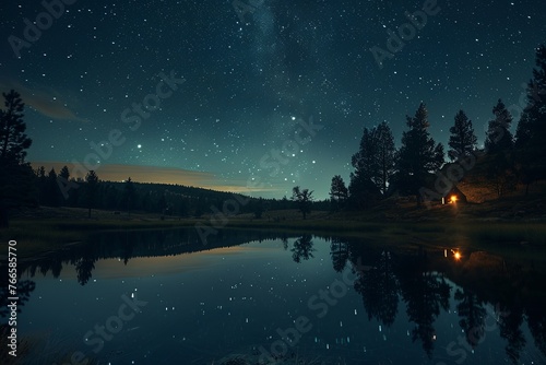 A secluded cabin by a placid lake under a twinkling starry sky, reflecting the calmness of nature and the mystery of the cosmos.