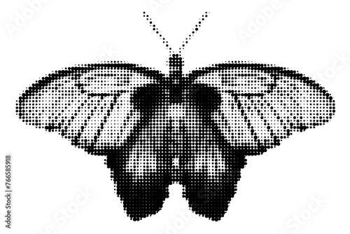 Butterfly halftone collage element with grunge punk dotted texture. Trendy monochrome vector illustration isolated on transparent background
