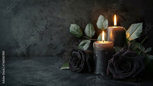 Background in a setting of mystery and elegance with black roses and candle in an aura of sophistication. Dark petals of roses with candle flame in gothic scene. © Vagner Castro