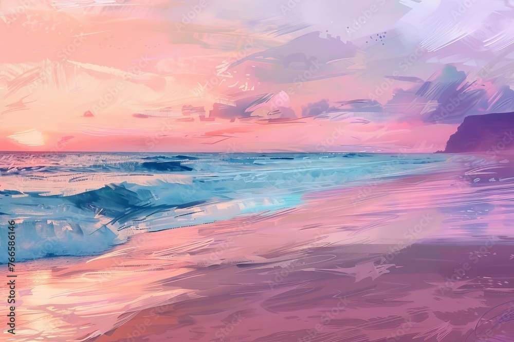 Serene beach at sunset, pastel colors, impressionist style, dreamy coastal illustration