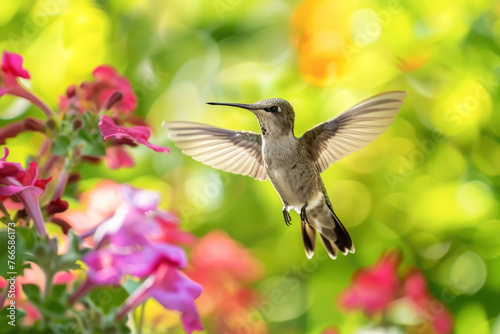 A hummingbird hovers near a colorful flower against a vibrant blurred background. Captures the beauty and grace of nature's delicate creatures © Lana-Fotini