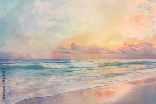Serene beach at sunset, pastel colors, impressionist style, dreamy coastal illustration