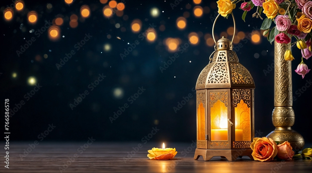 Orient background. A lit lantern, a vase of flowers, and a candle are placed on a wooden table. The background features a dark night with twinkling lights. Orient background. A lit lantern, a vase of flowers, and a candle are placed on a wooden table. The background features a dark night with twinkling lights.