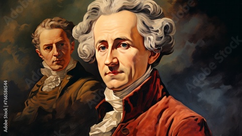 Two men are depicted in a painting  one of them wearing a red jacket. The painting has a moody and somber feel to it  with the men s expressions