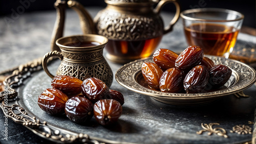 Orient table. A tray with a bowl of dates, a teapot, and cups of tea. Ramadan kareem decorations background.