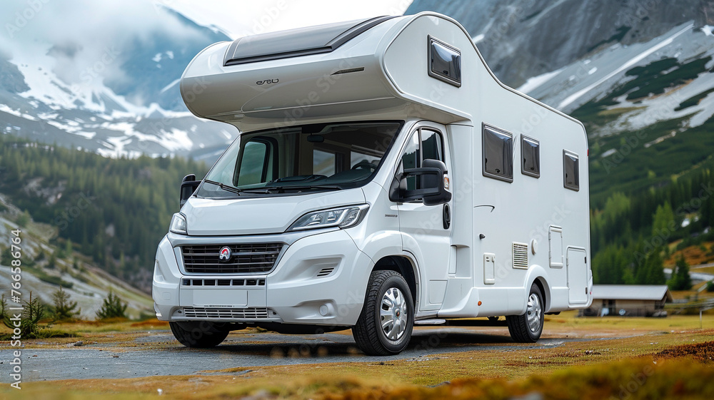 Motorhome, mobile house, van life, road car white trip journey vehicle tourism holiday, travelling relax drive automobile transportation.