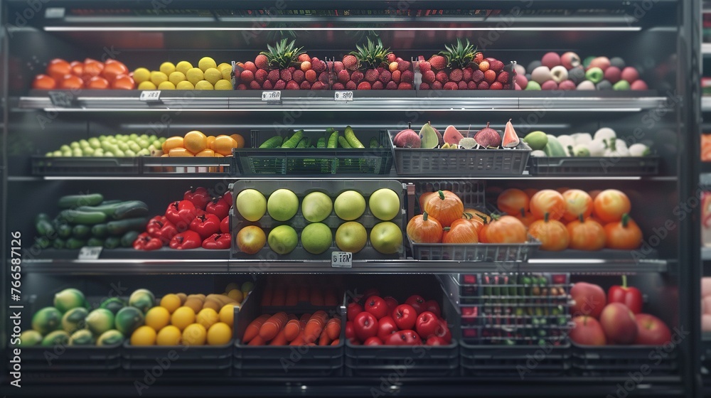 Vegetables and Fruits and  in Refrigerated Shelf of Supermarket. Vegetable, Fruit, Grocery, Health, Row, Food, Purchase, Diet, Buy, Market, Organic, Natural, Display, Farm, Store

