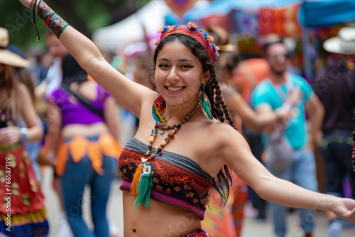 A dancer radiates joy at a street festival, her traditional attire swirling in a burst of colors, capturing the spirit of celebration.