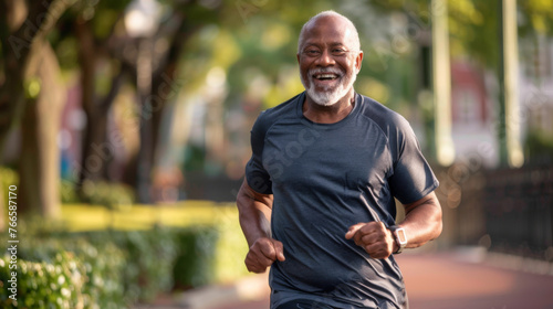 A senior man's morning jog radiates the joy of health and vitality, with a heartwarming smile that inspires an active lifestyle at any age.