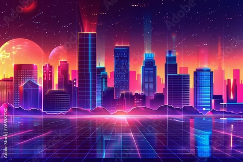 Retro Neon City at Night, 80s Synthwave Style with Glowing Grid and Cityscape, Digital Illustration