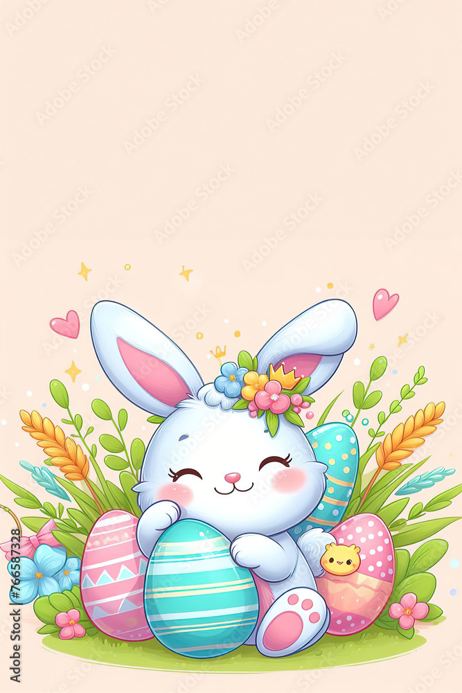 Cute easter bunny with flowers and eggs, greeting card. Generative AI