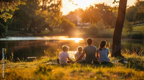As the sun sets, a family cherishes the golden hour by the lakeside, creating lasting memories in the warm embrace of the fading light. photo