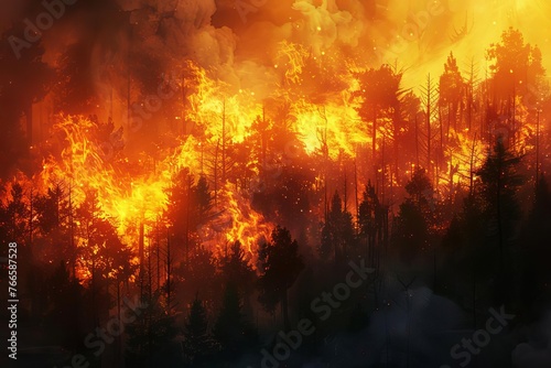 Raging forest fire with billowing smoke  natural disaster illustration  digital painting