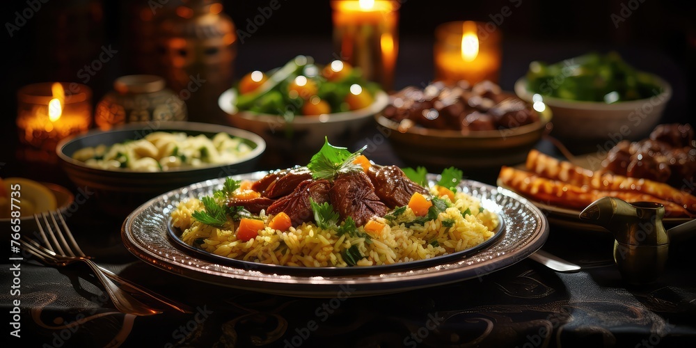 Savor the Flavor: Close-Up on Appetizing Ramadan Meal. A Feast for the Senses, Celebrating Tradition and Culinary Mastery. 