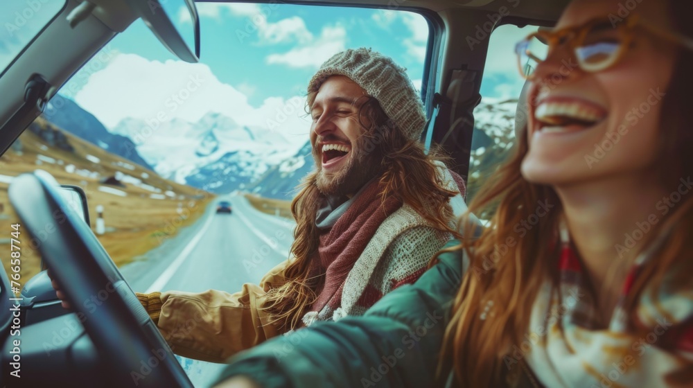 An image capturing the infectious laughter of friends on a car journey, with a backdrop of snow-capped mountains under a clear blue sky, radiating sheer joy and freedom.