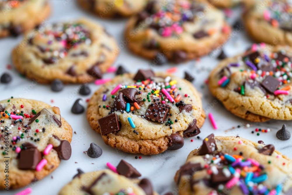 Homemade chocolate chip cookies with colorful sprinkles on a kitchen countertop. Delicious dessert cookies with chocolate chunks and sugar sprinkles.