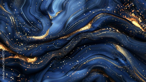 Swirling elegance of blue and gold paint in an abstract luxury design. Rich textures of blue and sparkling gold in artistic abstract.