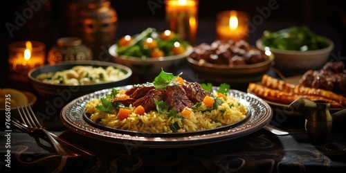 Savor the Flavor: Close-Up on Appetizing Ramadan Meal. A Feast for the Senses, Celebrating Tradition and Culinary Mastery. 