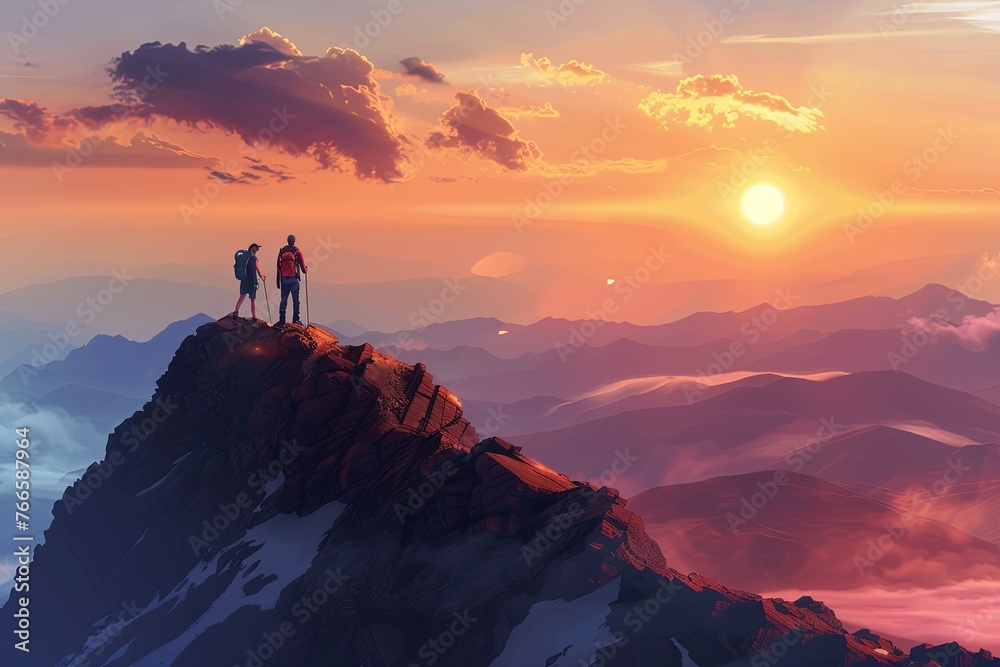 Two hikers stand side by side, silhouetted against the sun's grand descent, while the surrounding mountains are bathed in a warm, ethereal glow.