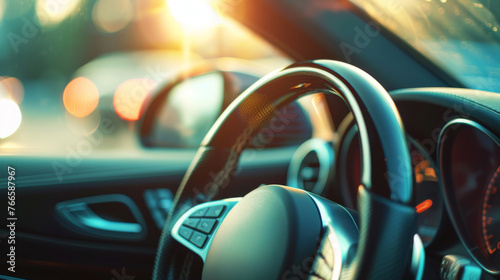 Interior of a luxury car with a focus on the steering wheel, bathed in golden sunlight. Serene driving experience in sunlit premium car cabin. © Irina.Pl