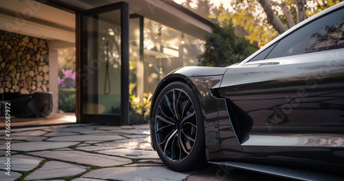 Close-up of luxury car parked at sophisticated modern home. Sleek design and detail of high-end vehicle by contemporary residence. © Irina.Pl