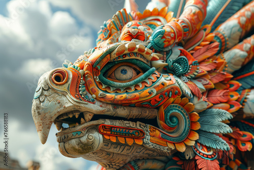 Serene Quetzalcoatl, the feathered serpent deity, glides gracefully through the sky, bringing wisdom and enlightenment to the people of Mesoamerica. Generative Ai.