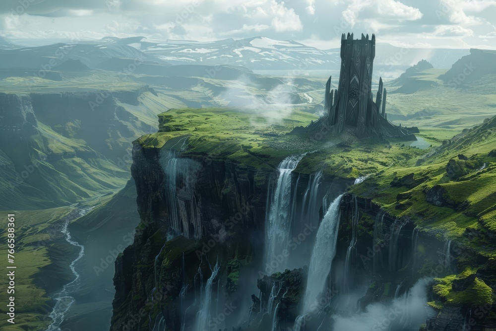 Mysterious elven tower rising amidst cascading waterfalls on vast fantasy plain, aerial view - obrazy, fototapety, plakaty 