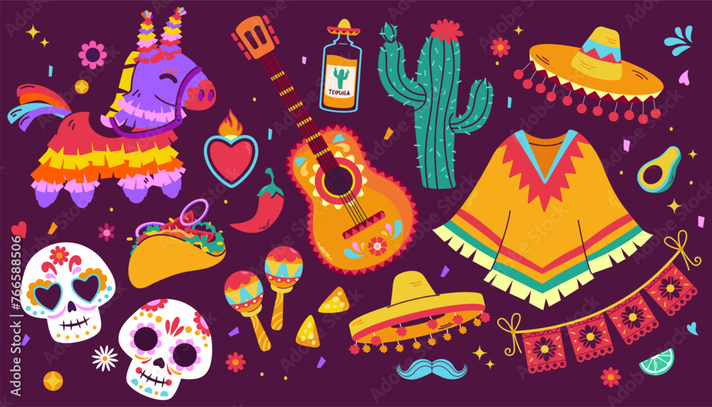 Cinco de Mayo sticker set, May 5, federal holiday in Mexico. Fiesta banner and poster design. Bright festival party decoration, Cinco de Mayo. 