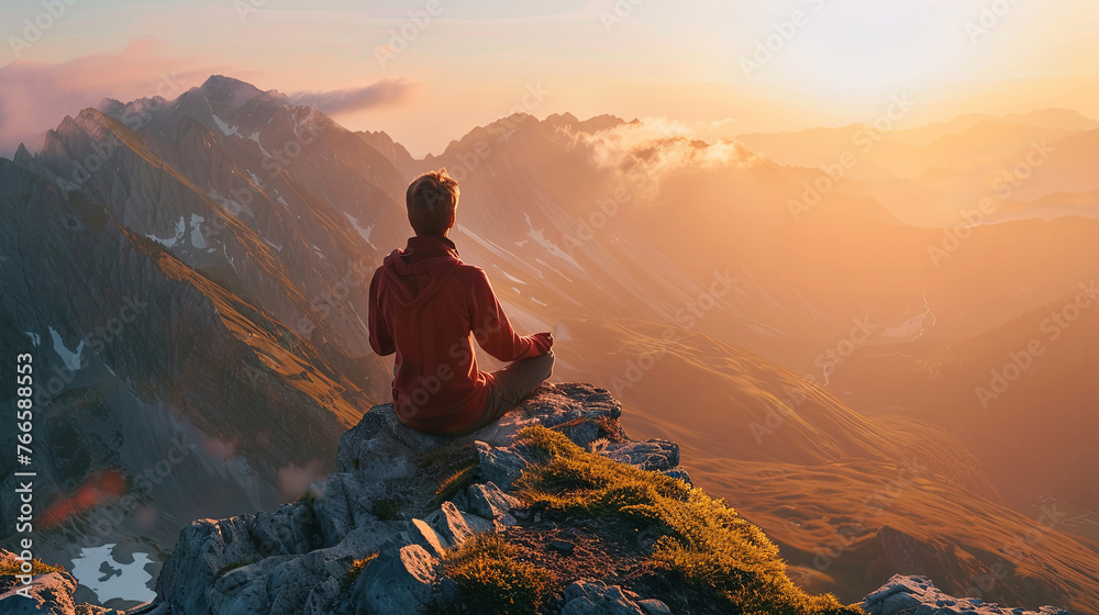 In the soft glow of dawn, an individual finds tranquility in meditation high above the clouds on an alpine mountain peak.