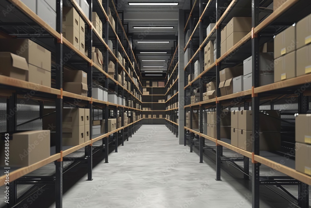 Modern warehouse interior, rows of shelves stocked with boxes, efficient storage solution, 3D illustration