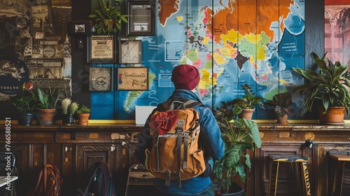 A traveler gazes at a world map in a hostel's welcoming common room, surrounded by eclectic décor and the spirit of adventure. photo