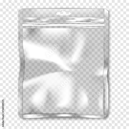 Clear square zipper vinyl pouch with euro slot hanger and tear notches on transparent background vector mockup. Blank plastic bag package with zip lock mock-up. Template for design