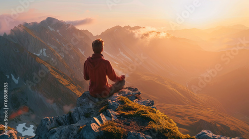 In the soft glow of dawn, an individual finds tranquility in meditation high above the clouds on an alpine mountain peak. © Maria