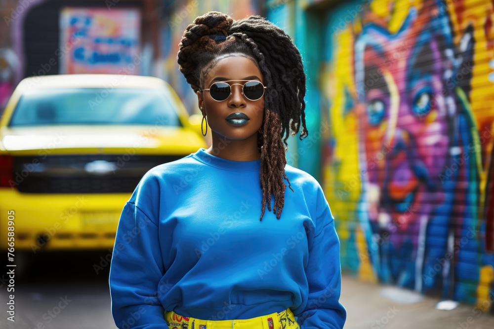 Fototapeta premium fashionable black woman on an alley with graffiti background.