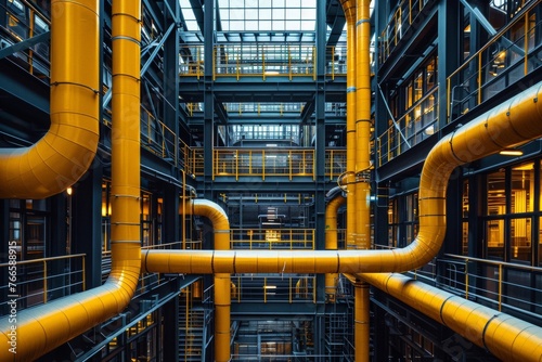 Complex network of yellow industrial pipes in a factory setting, showcasing modern engineering and infrastructure