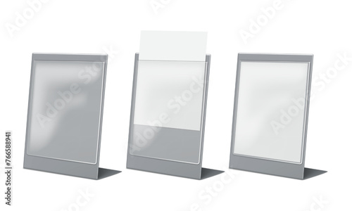 L-shaped clear acrylic sign pocket vector mock-up. Table tent mockup. Countertop pop information display stand template