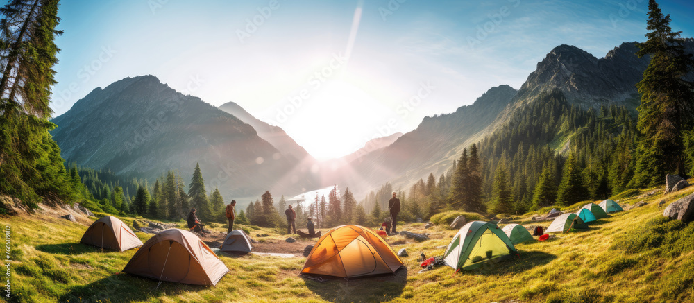 Camping tent near a mountain river in summer.landscape,banner.