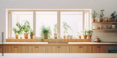 Kitchen interior with large porcelain sink and countertop under sunny window © inna717