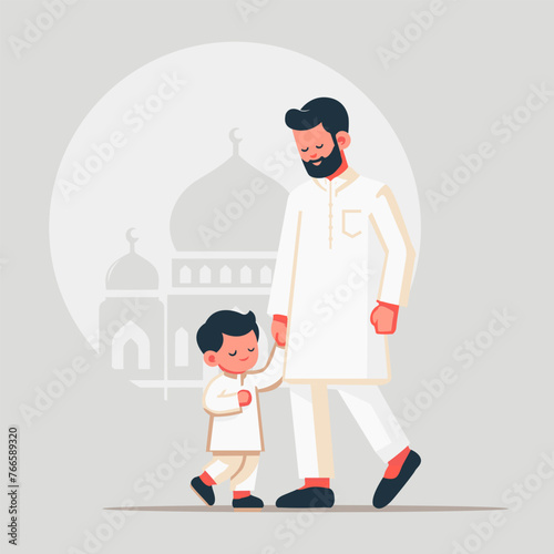 A Father And His Children Are Celebrating The Eid Al Fitr Fat Illustration With Vector Art