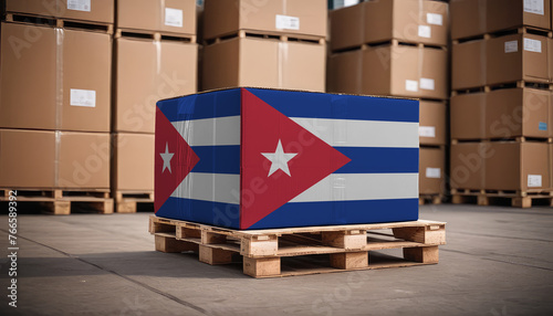 Box with Cuba flag. Cuba logistics port. Logistics industry in Cuba. Export and import of goods.