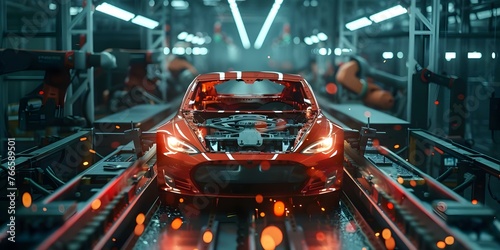 Robotic welding of car bodies on a conveyor belt in a car factory. Concept Robotic Welding, Car Bodies, Conveyor Belt, Car Factory, Automation Technology