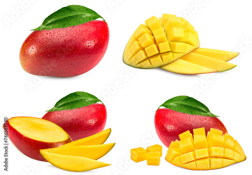 fresh sliced mango with green leaves isolated on white background. exotic fruit. clipping path
