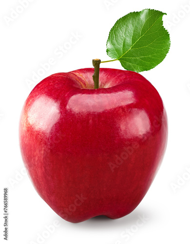 one red apple with green leaf isolated on white background. clipping path